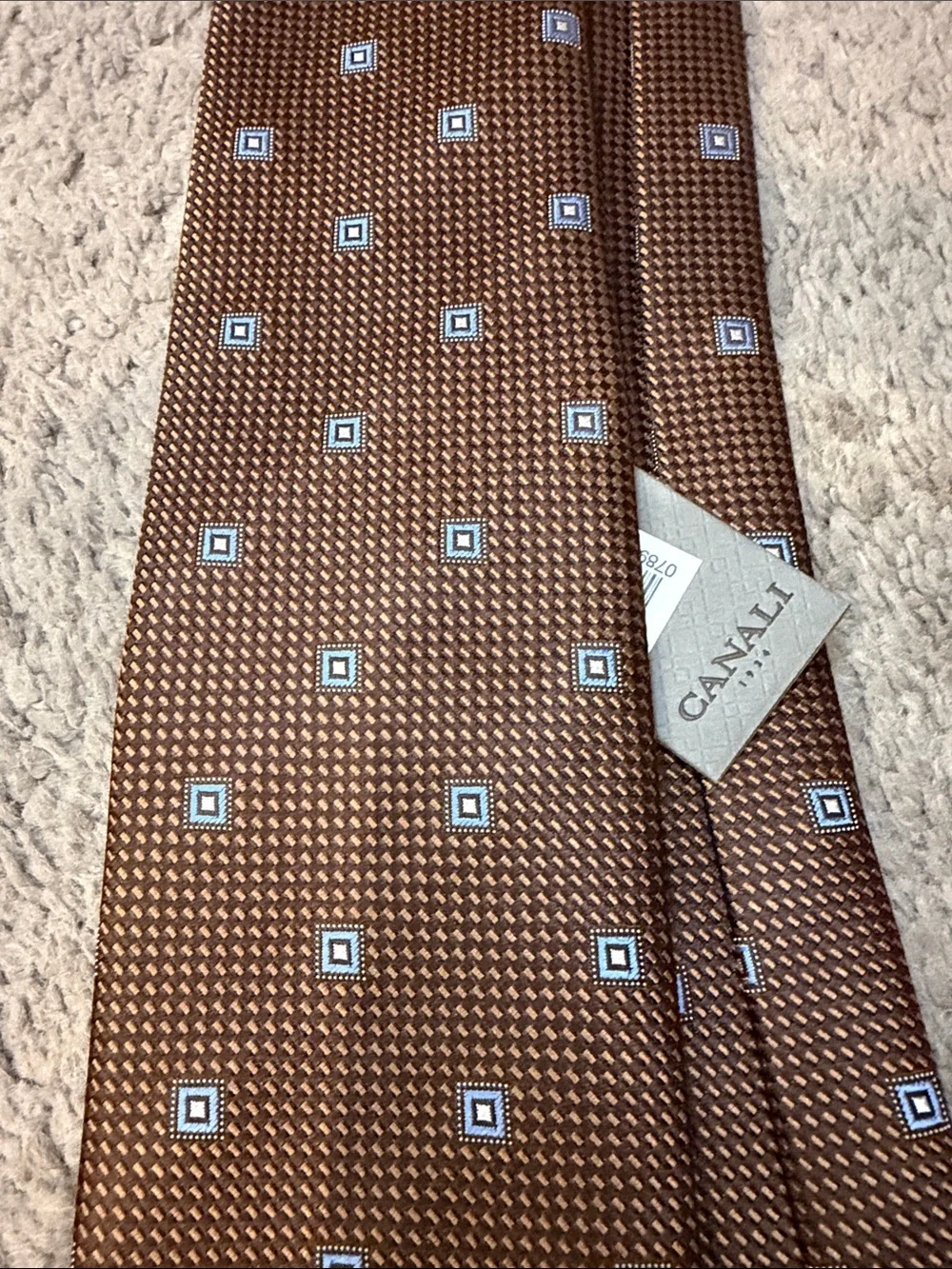 Canali Brown Silk Tie with Light Blue Square Motif